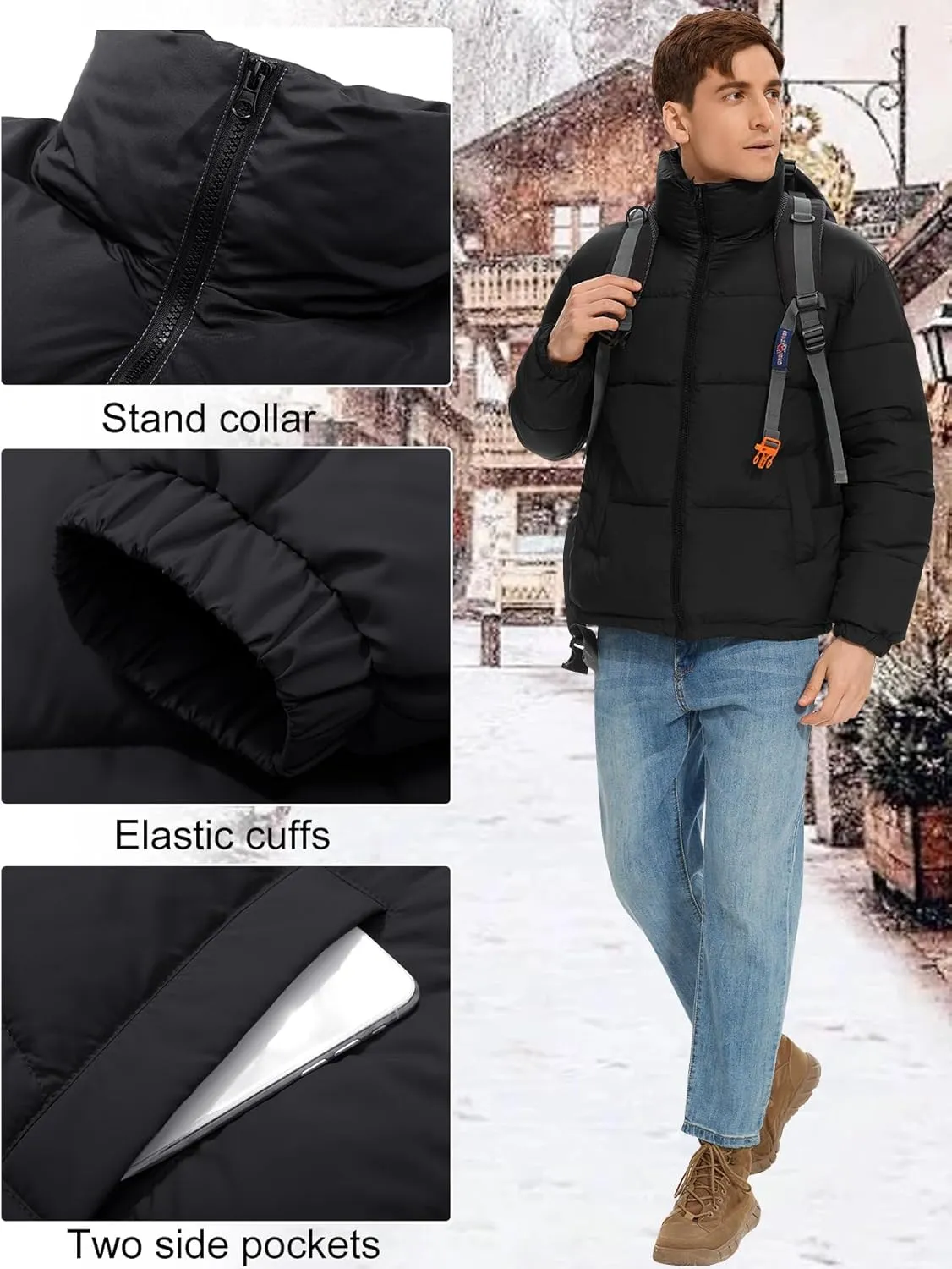 PEHMEA Men’s Puffer Jacket Stand Collar Zipper Coat with Pockets Retro Bubble Outwear for Winter