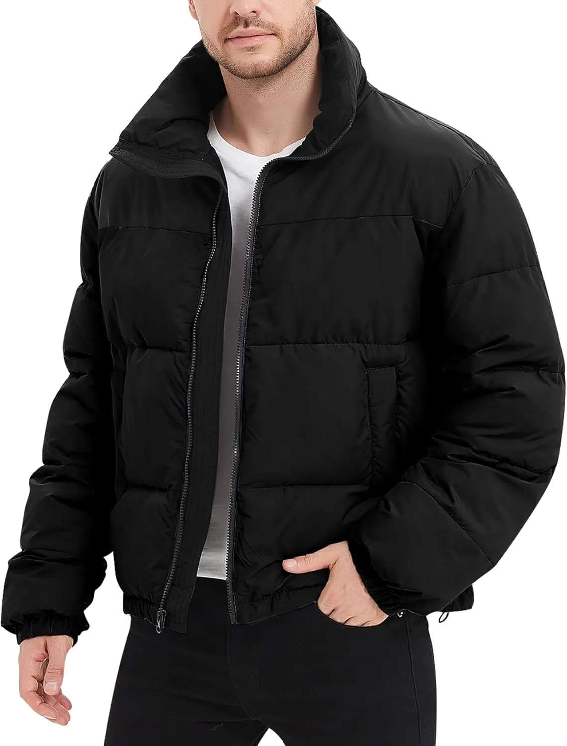 PEHMEA Men’s Puffer Jacket Stand Collar Zipper Coat with Pockets Retro Bubble Outwear for Winter