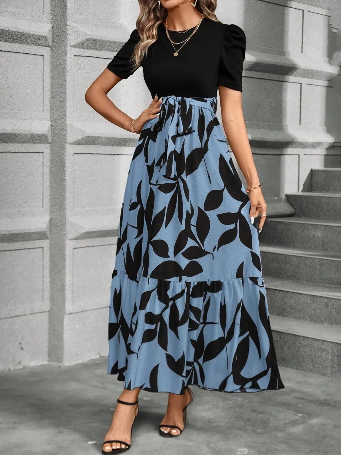 PerZeal Women's Casual Summer Crewneck A Line Short Sleeve Print Flowy Boho Long Maxi Dress with Belt
