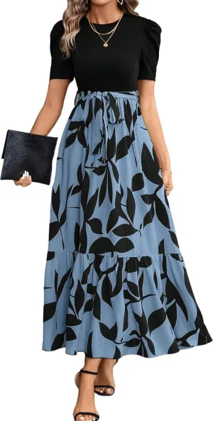 PerZeal Women's Casual Summer Crewneck A Line Short Sleeve Print Flowy Boho Long Maxi Dress with Belt