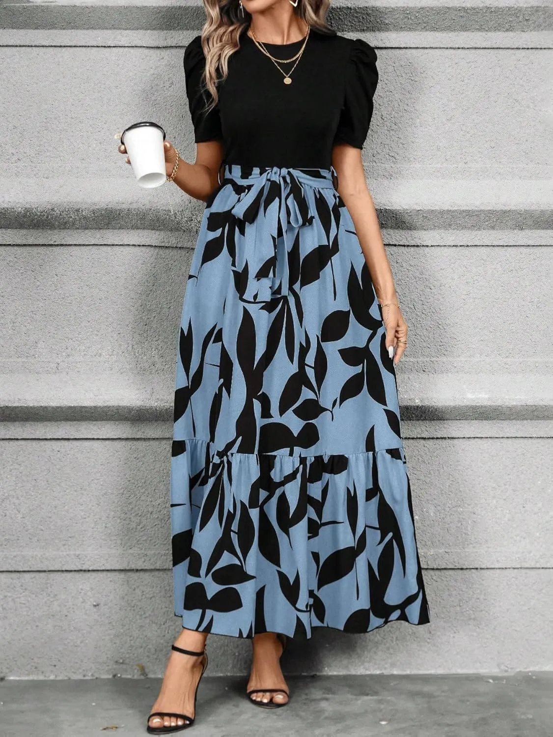 PerZeal Women's Casual Summer Crewneck A Line Short Sleeve Print Flowy Boho Long Maxi Dress with Belt