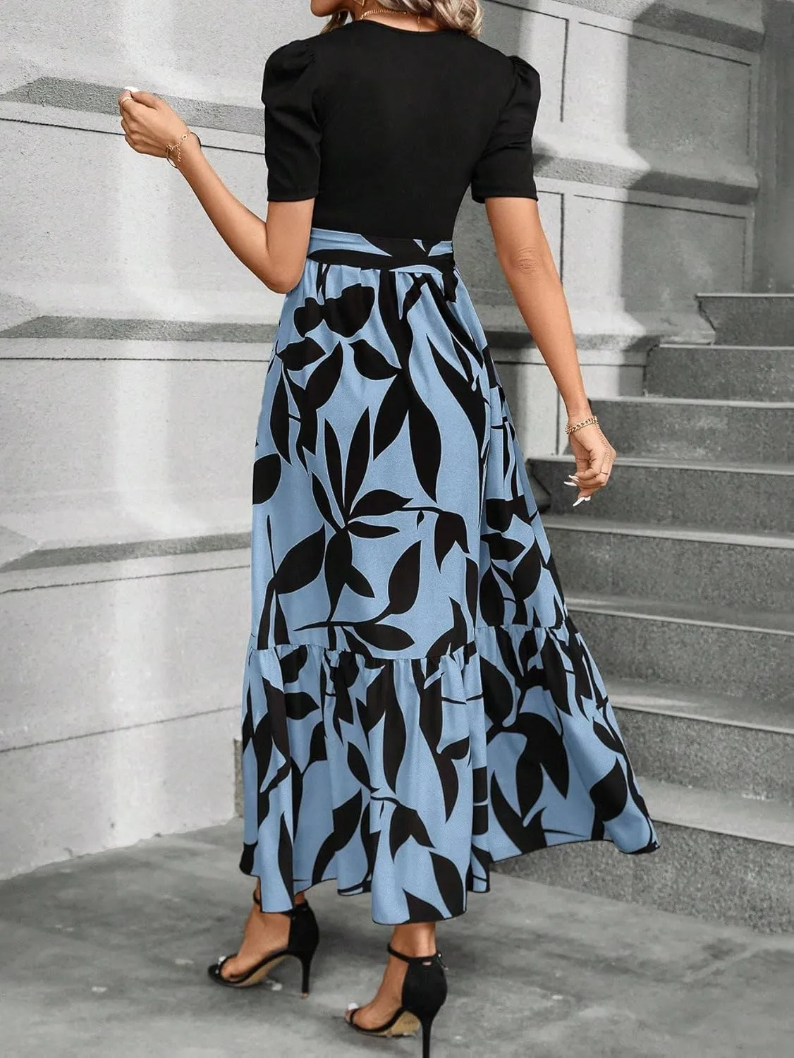 PerZeal Women's Casual Summer Crewneck A Line Short Sleeve Print Flowy Boho Long Maxi Dress with Belt