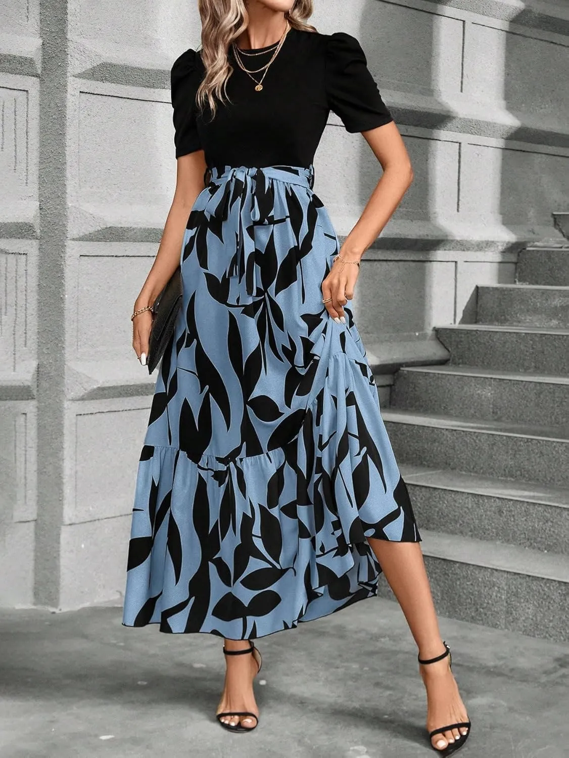 PerZeal Women's Casual Summer Crewneck A Line Short Sleeve Print Flowy Boho Long Maxi Dress with Belt