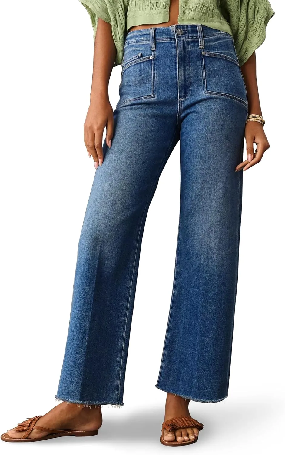 PHISOCKAT High Waisted Wide Leg Jeans for Women Stretchy Baggy Jeans Trendy Denim Pants with Pockets Dark Blue Size 10