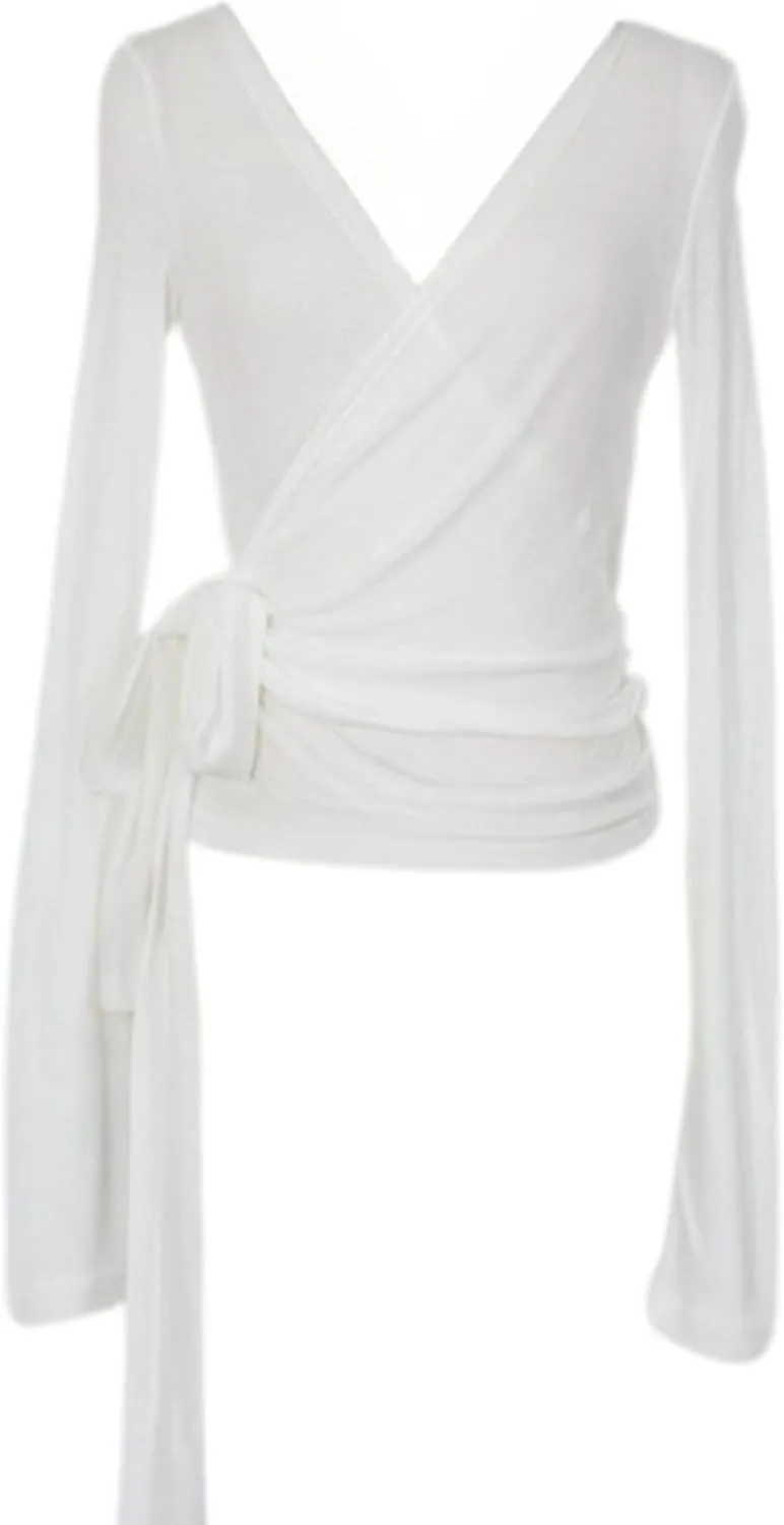 Pilates Wrap Top for Women, V Neck Long Sleeve Tie Top, Ballet Wrap Top Yoga Workout Wrap Blouse Balletcore