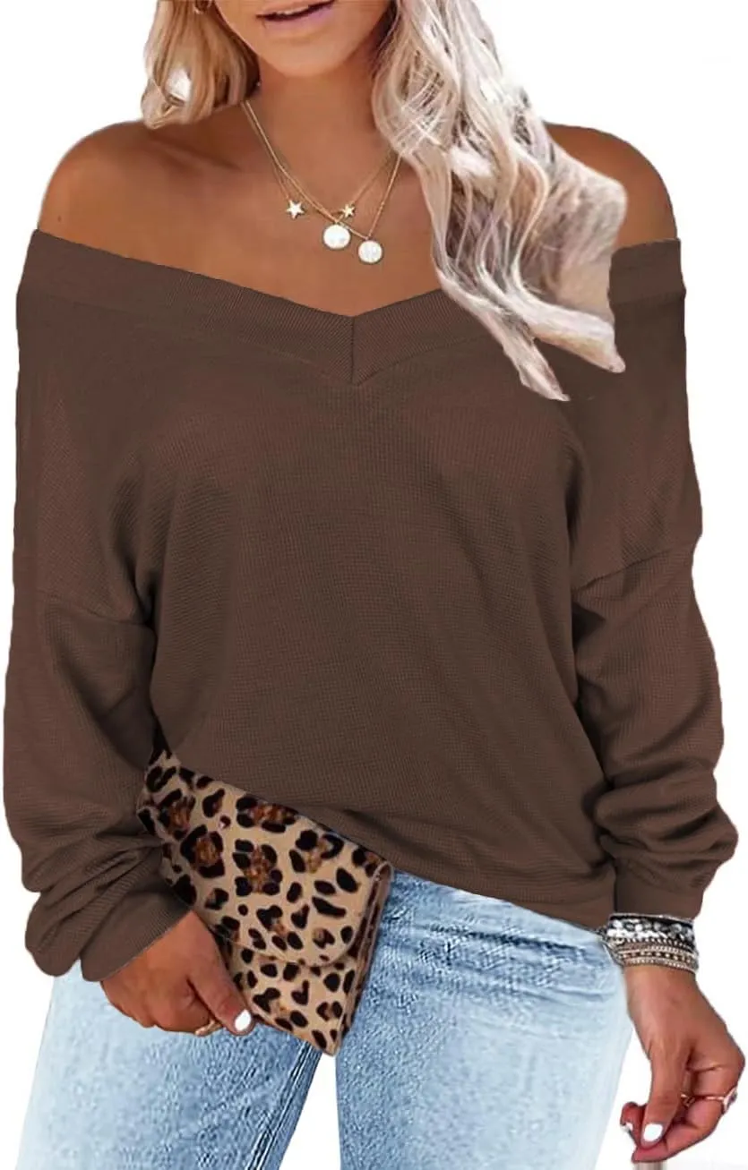Plus-Size-Sweaters for Women Long Sleeve Waffle Knit V Neck Pullover Tops 1X-5X