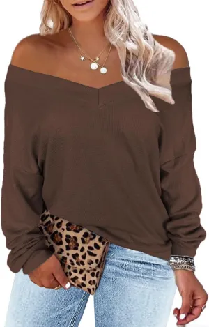 Plus-Size-Sweaters for Women Long Sleeve Waffle Knit V Neck Pullover Tops 1X-5X
