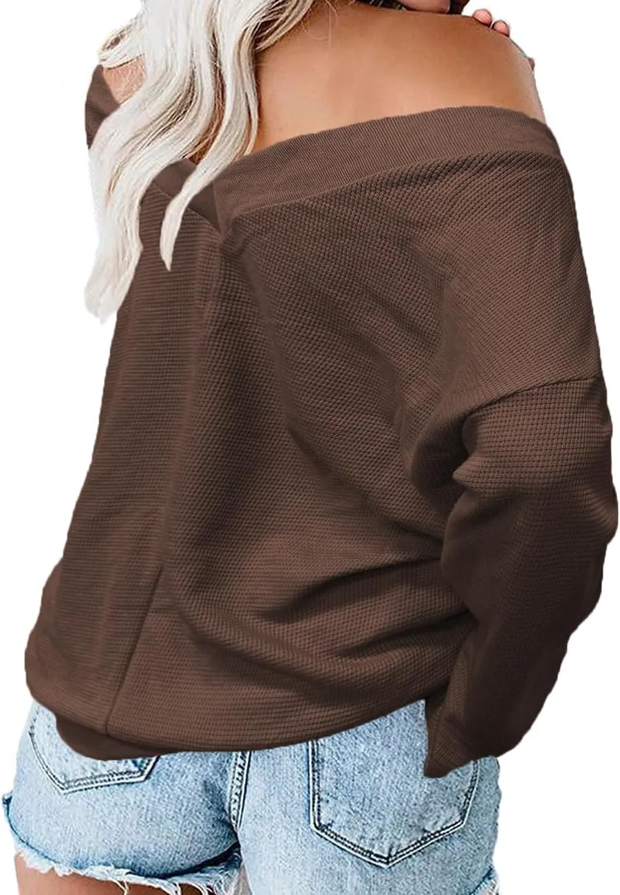 Plus-Size-Sweaters for Women Long Sleeve Waffle Knit V Neck Pullover Tops 1X-5X