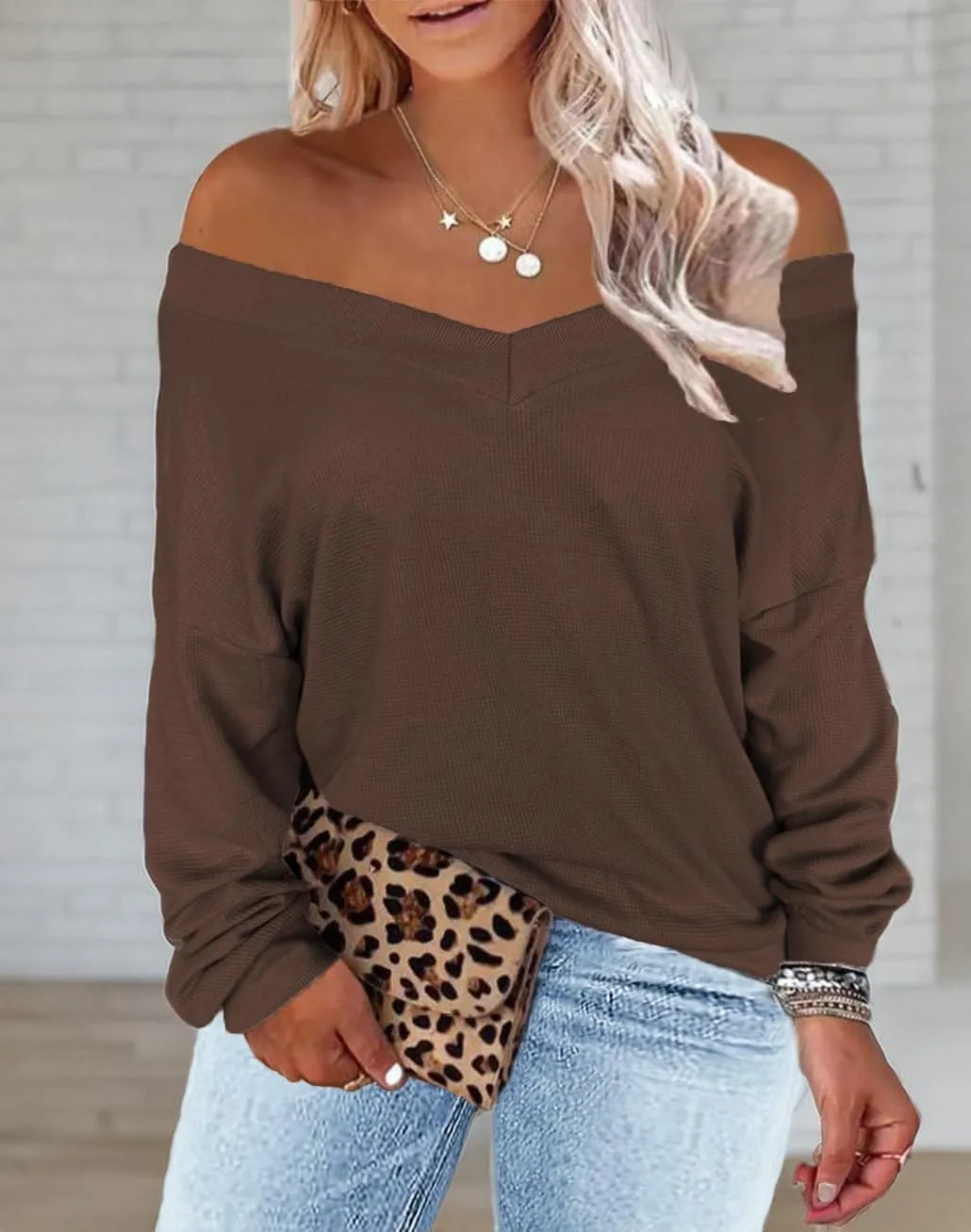 Plus-Size-Sweaters for Women Long Sleeve Waffle Knit V Neck Pullover Tops 1X-5X