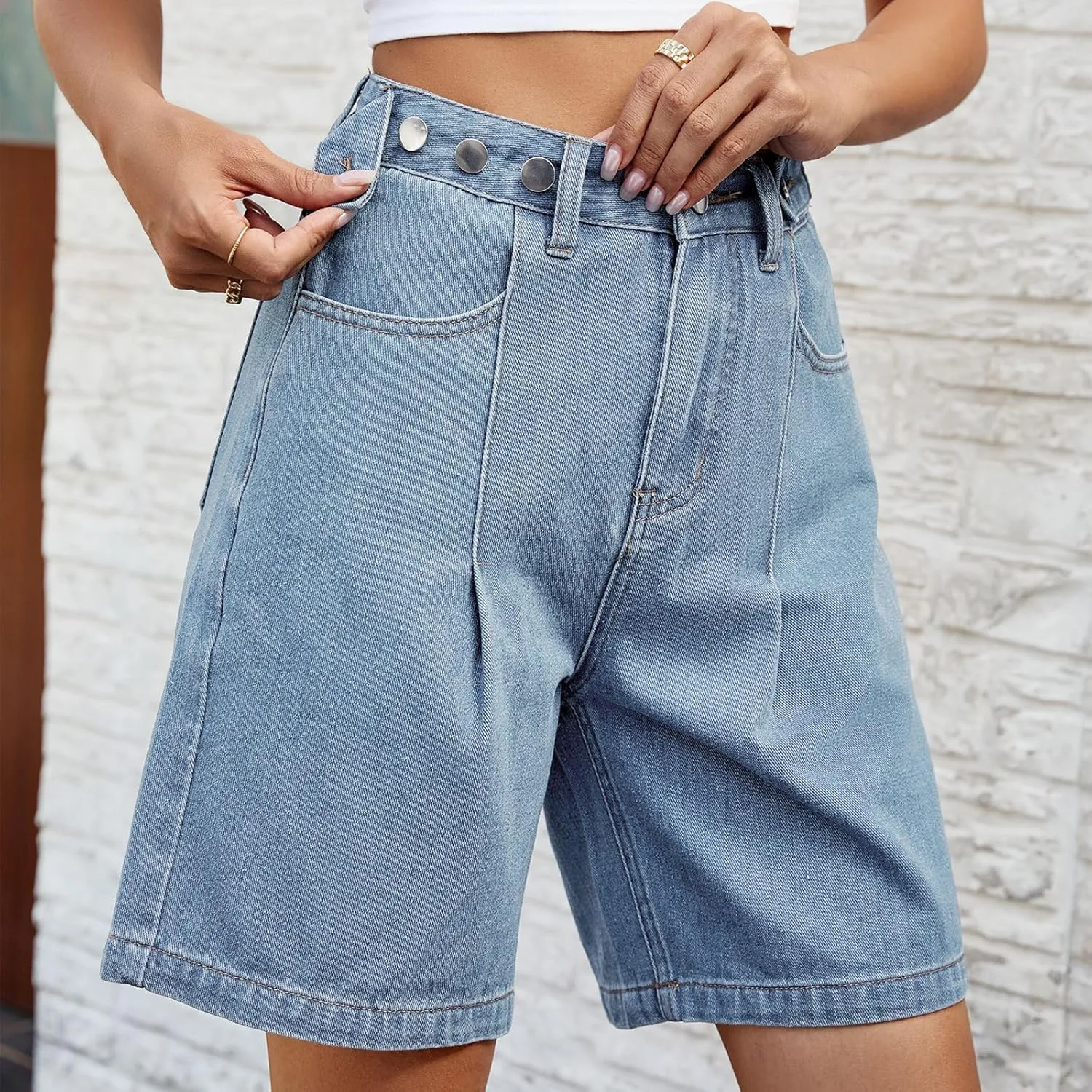 POHADON Womens Jean Shorts Bermuda Shorts Knee Length 2025 Trendy Y2k High Waisted Wide Leg Casual Summer Shorts with Pockets