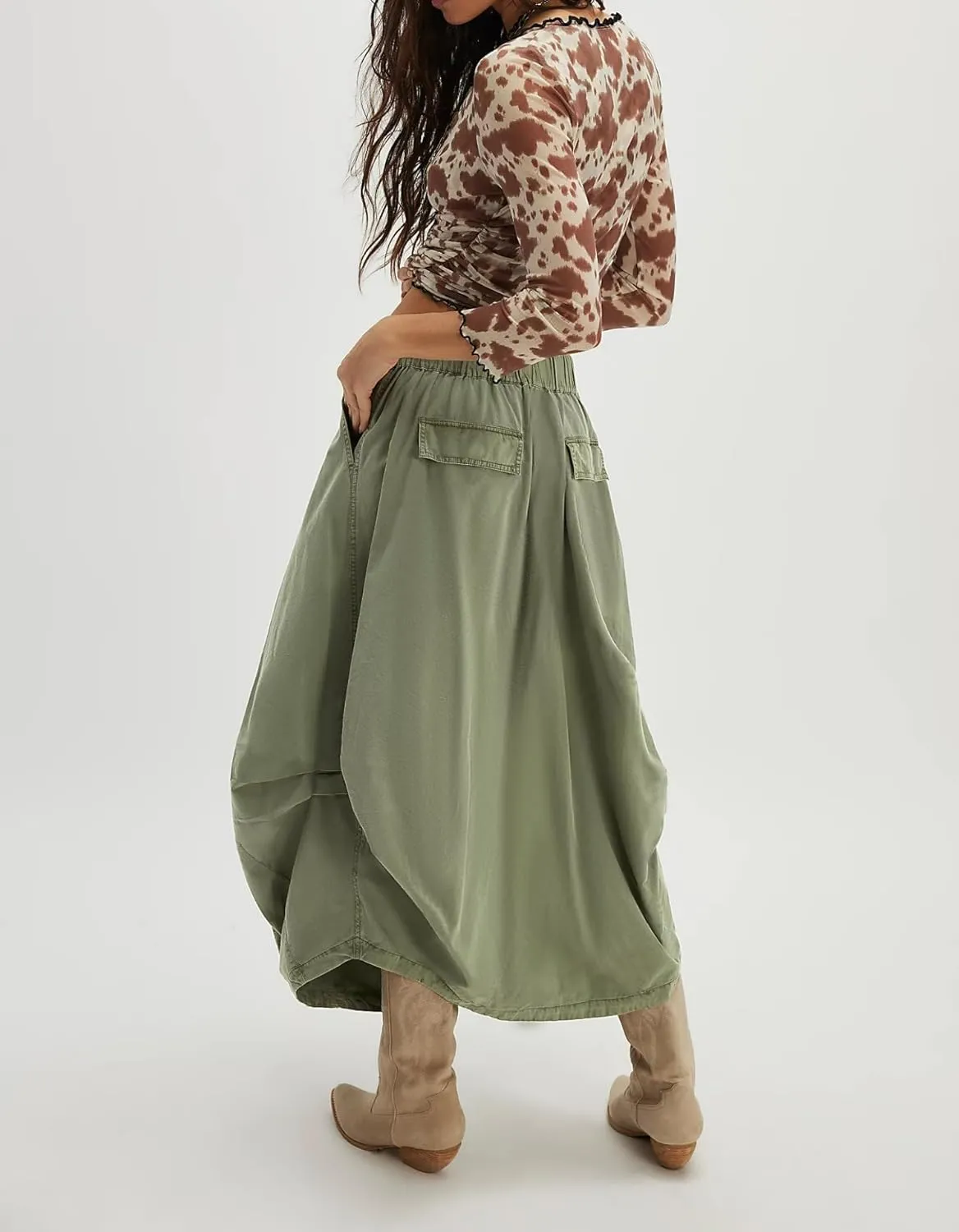 Poplin Midi Skirt for Women Cotton Baggy Drawstring Parachute Skirt Casual Cargo Maxi Long Skirts with Pockets 2025