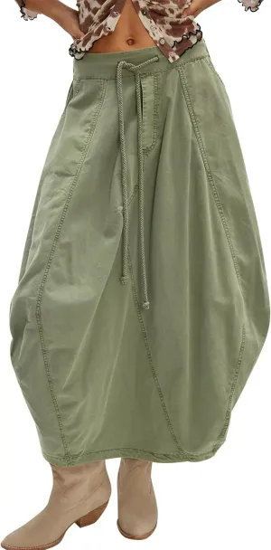 Poplin Midi Skirt for Women Cotton Baggy Drawstring Parachute Skirt Casual Cargo Maxi Long Skirts with Pockets 2025