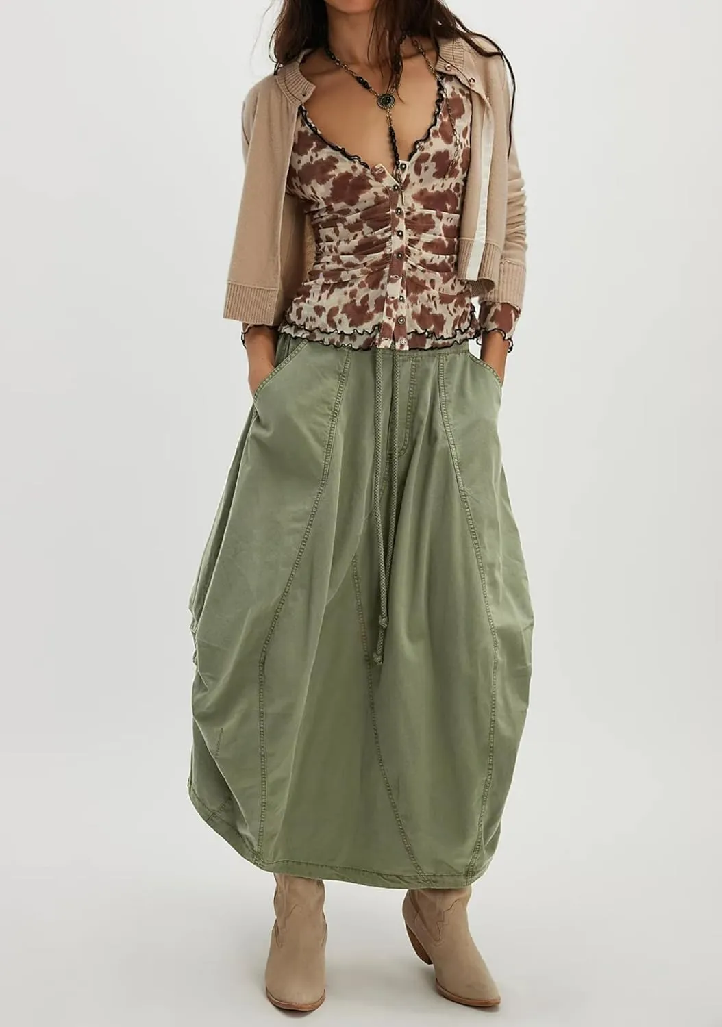 Poplin Midi Skirt for Women Cotton Baggy Drawstring Parachute Skirt Casual Cargo Maxi Long Skirts with Pockets 2025