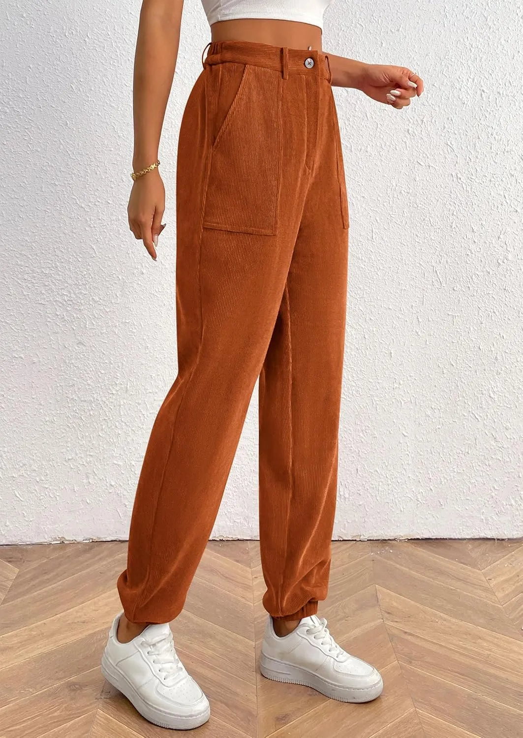 PRETTYGARDEN Women's Dressy Casual Pants Elastic High Waisted Work Office Corduroy Trouser Slacks with Pockets