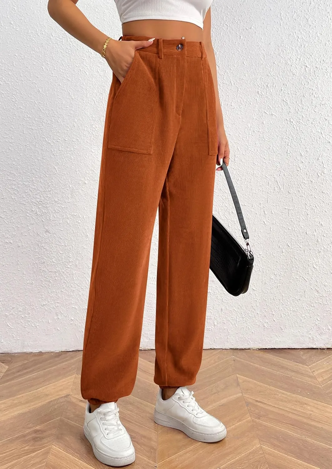 PRETTYGARDEN Women's Dressy Casual Pants Elastic High Waisted Work Office Corduroy Trouser Slacks with Pockets