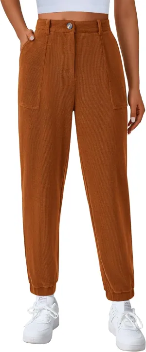PRETTYGARDEN Women's Dressy Casual Pants Elastic High Waisted Work Office Corduroy Trouser Slacks with Pockets