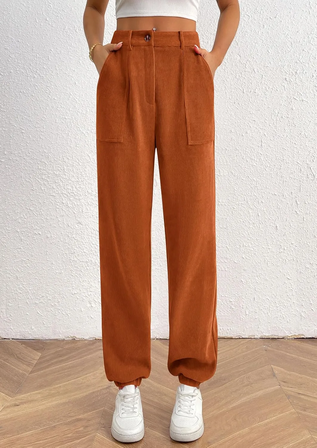 PRETTYGARDEN Women's Dressy Casual Pants Elastic High Waisted Work Office Corduroy Trouser Slacks with Pockets