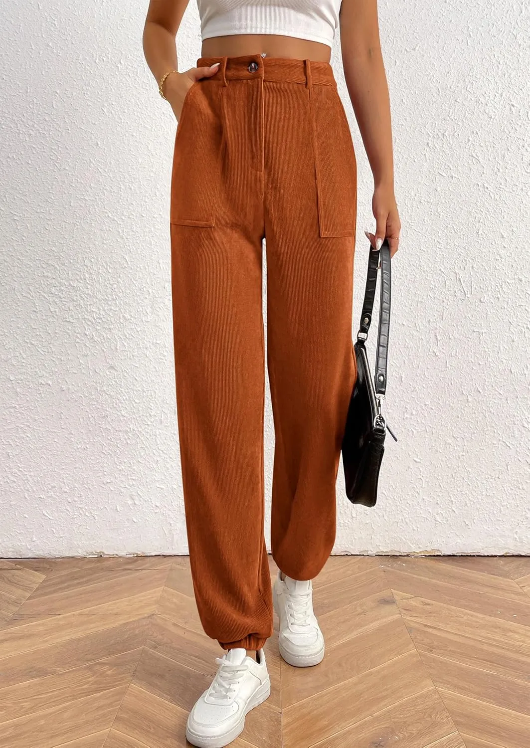 PRETTYGARDEN Women's Dressy Casual Pants Elastic High Waisted Work Office Corduroy Trouser Slacks with Pockets