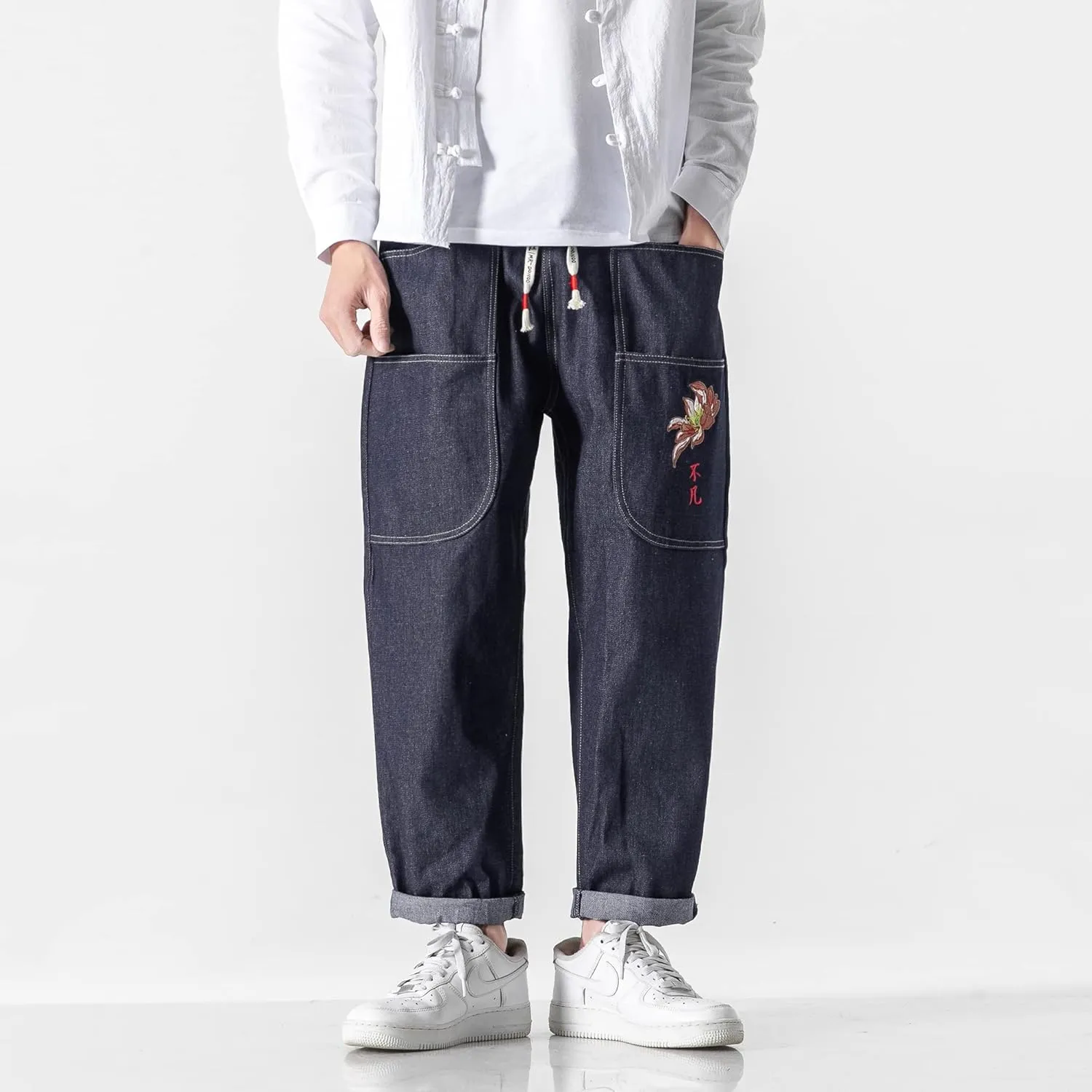 PRIJOUHE Mens Elastic Waist Drawstring Jeans Casual Stretchy Regular Fit Tapered Leg Distressed Jeans Pants