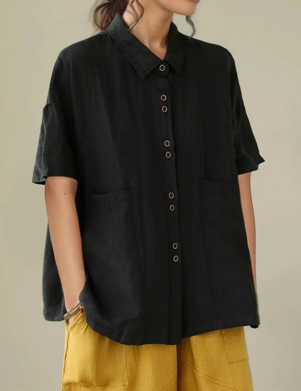 QIBABU Linen Button Down Shirt for Women Casual Half Sleeve Blouses Summer Collared Tops