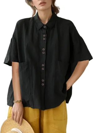 QIBABU Linen Button Down Shirt for Women Casual Half Sleeve Blouses Summer Collared Tops