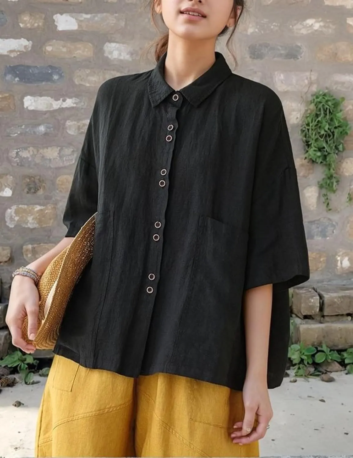 QIBABU Linen Button Down Shirt for Women Casual Half Sleeve Blouses Summer Collared Tops