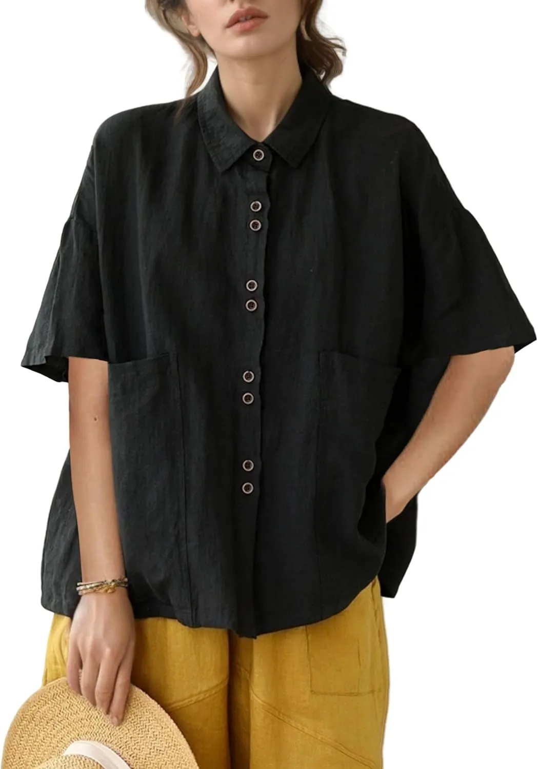 QIBABU Linen Button Down Shirt for Women Casual Half Sleeve Blouses Summer Collared Tops