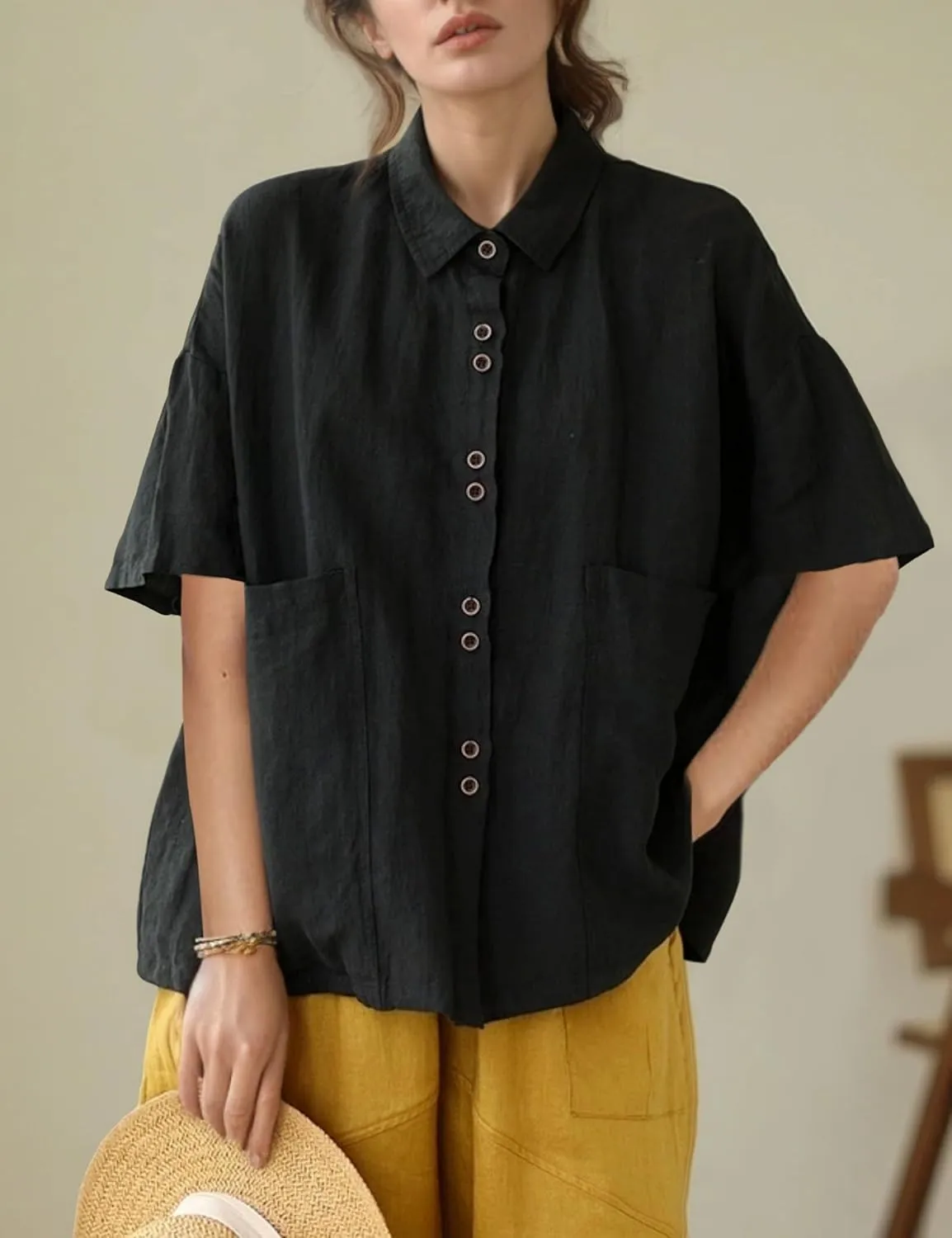 QIBABU Linen Button Down Shirt for Women Casual Half Sleeve Blouses Summer Collared Tops