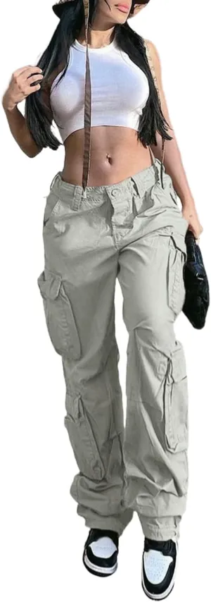 QYANGG Baggy Cargo Pants Women High Waist Pants for Women Loose Pocket Jogger Straight Wide Leg Y2K Cargo Pants