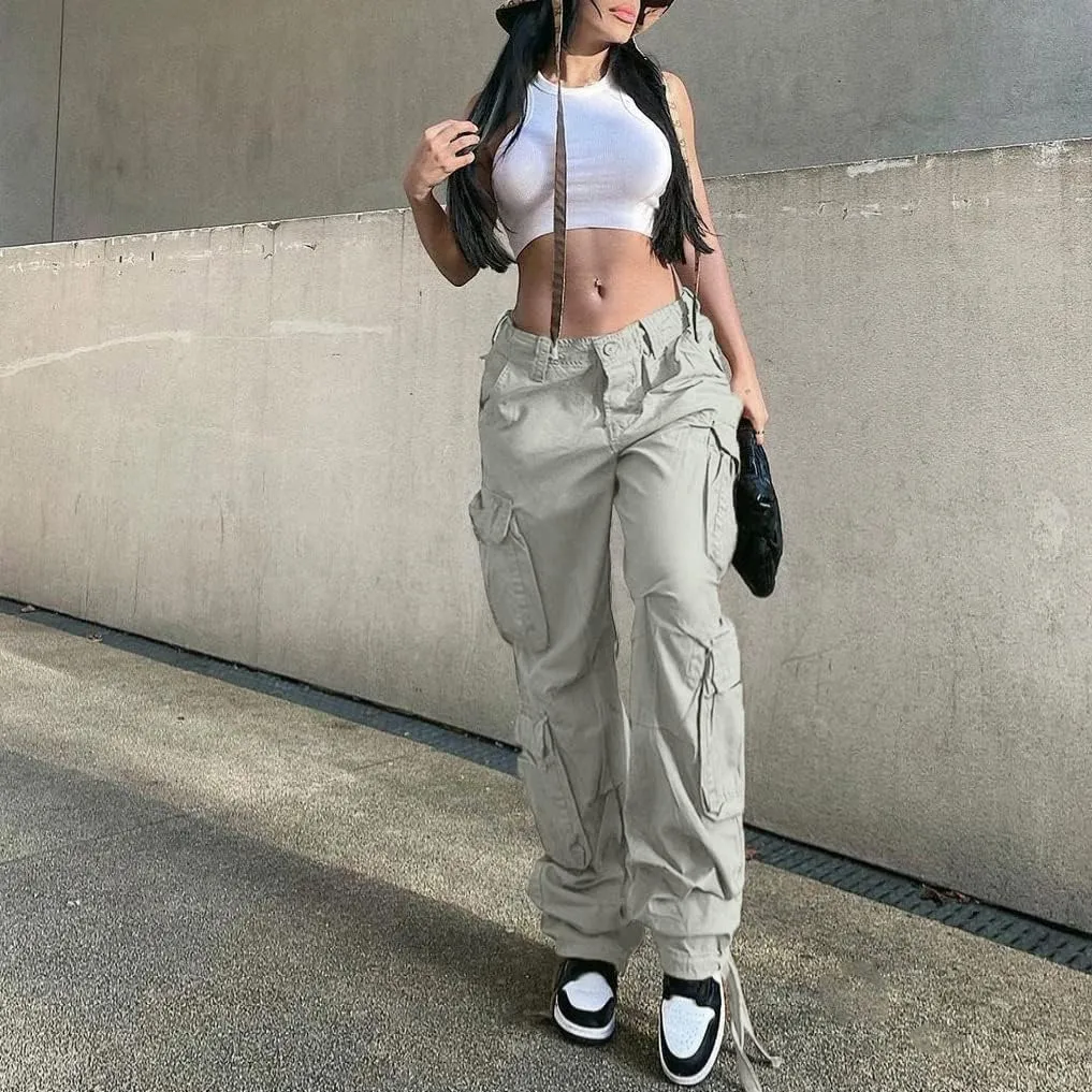 QYANGG Baggy Cargo Pants Women High Waist Pants for Women Loose Pocket Jogger Straight Wide Leg Y2K Cargo Pants