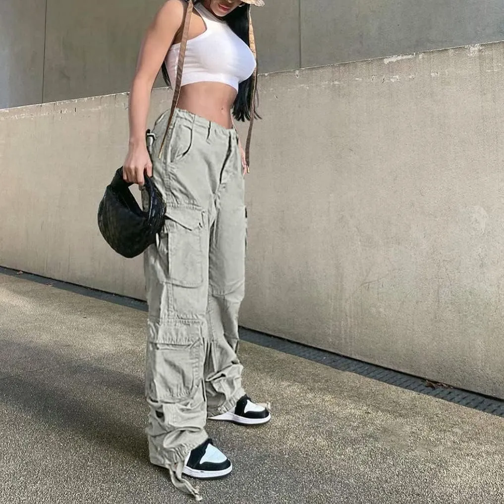 QYANGG Baggy Cargo Pants Women High Waist Pants for Women Loose Pocket Jogger Straight Wide Leg Y2K Cargo Pants