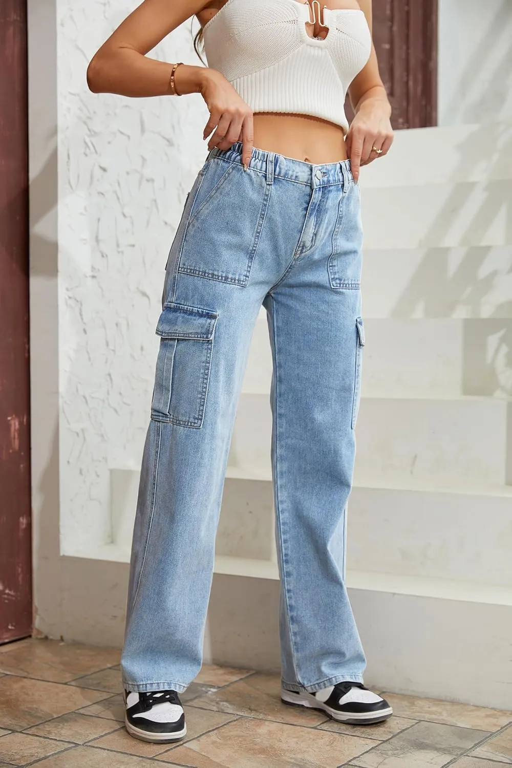QYANGG High Waist Stretch Cargo Pants Women Baggy Multiple Pockets Relaxed Fit Straight Wide Leg Y2K Pants
