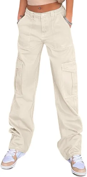 QYANGG High Waist Stretch Cargo Pants Women Baggy Multiple Pockets Relaxed Fit Straight Wide Leg Y2K Pants