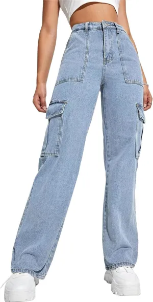 QYANGG High Waist Stretch Cargo Pants Women Baggy Multiple Pockets Relaxed Fit Straight Wide Leg Y2K Pants