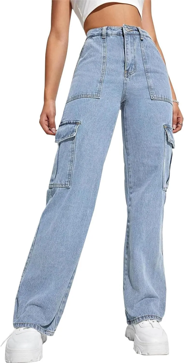 QYANGG High Waist Stretch Cargo Pants Women Baggy Multiple Pockets Relaxed Fit Straight Wide Leg Y2K Pants