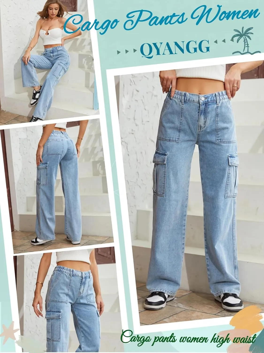QYANGG High Waist Stretch Cargo Pants Women Baggy Multiple Pockets Relaxed Fit Straight Wide Leg Y2K Pants