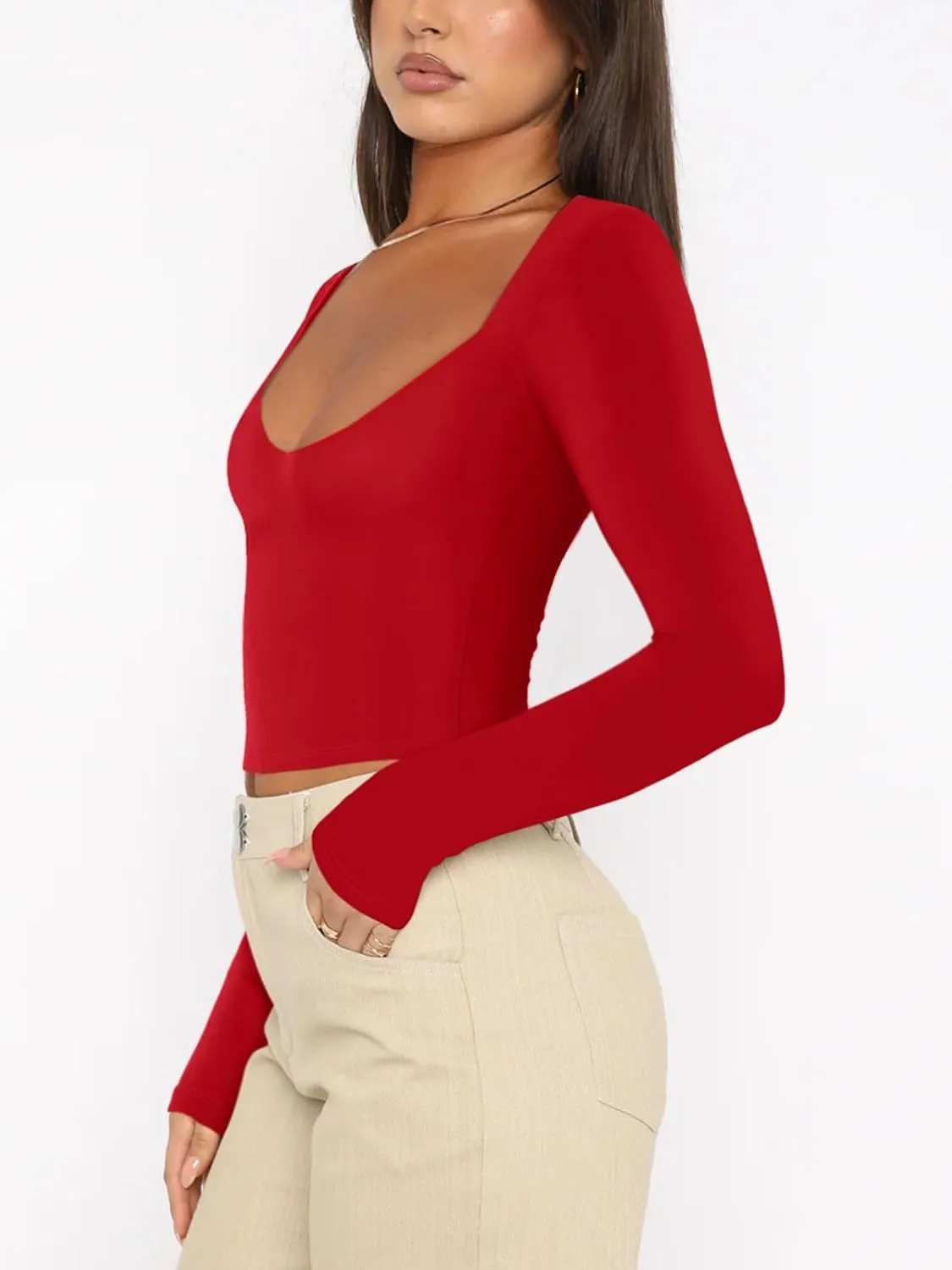 REORIA Women's Basic Sexy V Neck Long Sleeve Slim Fitted Cropped T Shirts Fall Fashion Going Out Crop Tops