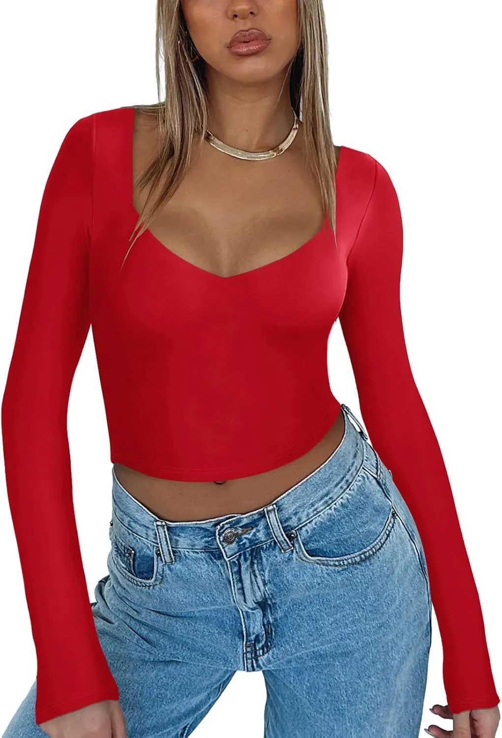 REORIA Women's Basic Sexy V Neck Long Sleeve Slim Fitted Cropped T Shirts Fall Fashion Going Out Crop Tops