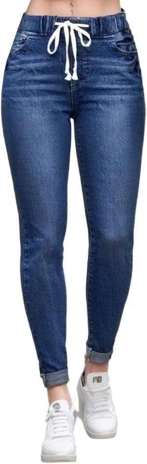 Ripped Jeans for Women Distressed High Waisted Drawstring Jeans Raw Hem Stretchy Denim Pants with Pockets Cropped Pants