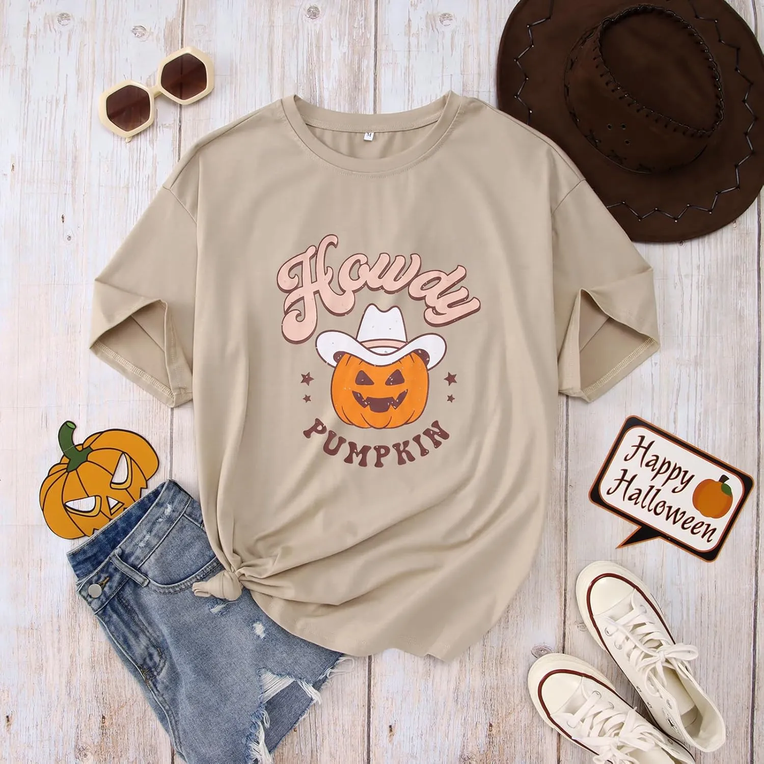 Ritatte Howdy Pumpkin Halloween Shirt Women Cute Western Country Cowgirl T-Shirt Short Sleeve Casual Oversized Tee Top