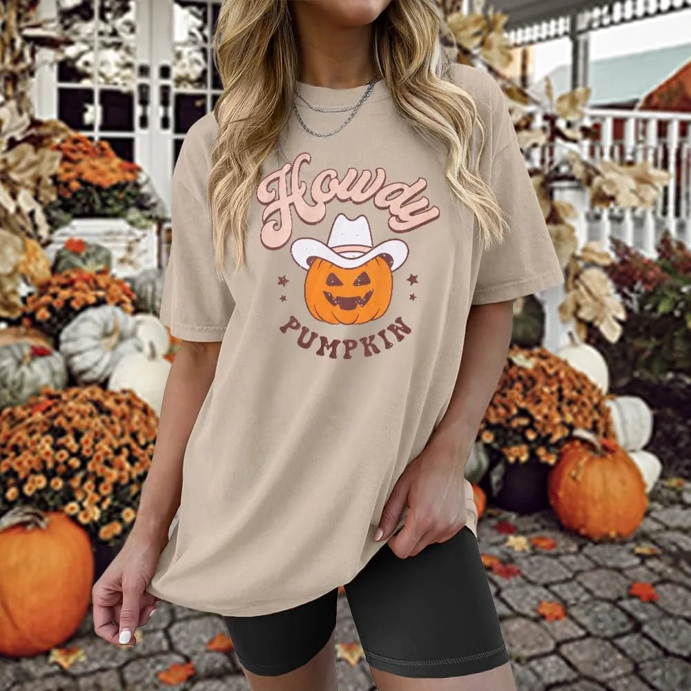Ritatte Howdy Pumpkin Halloween Shirt Women Cute Western Country Cowgirl T-Shirt Short Sleeve Casual Oversized Tee Top