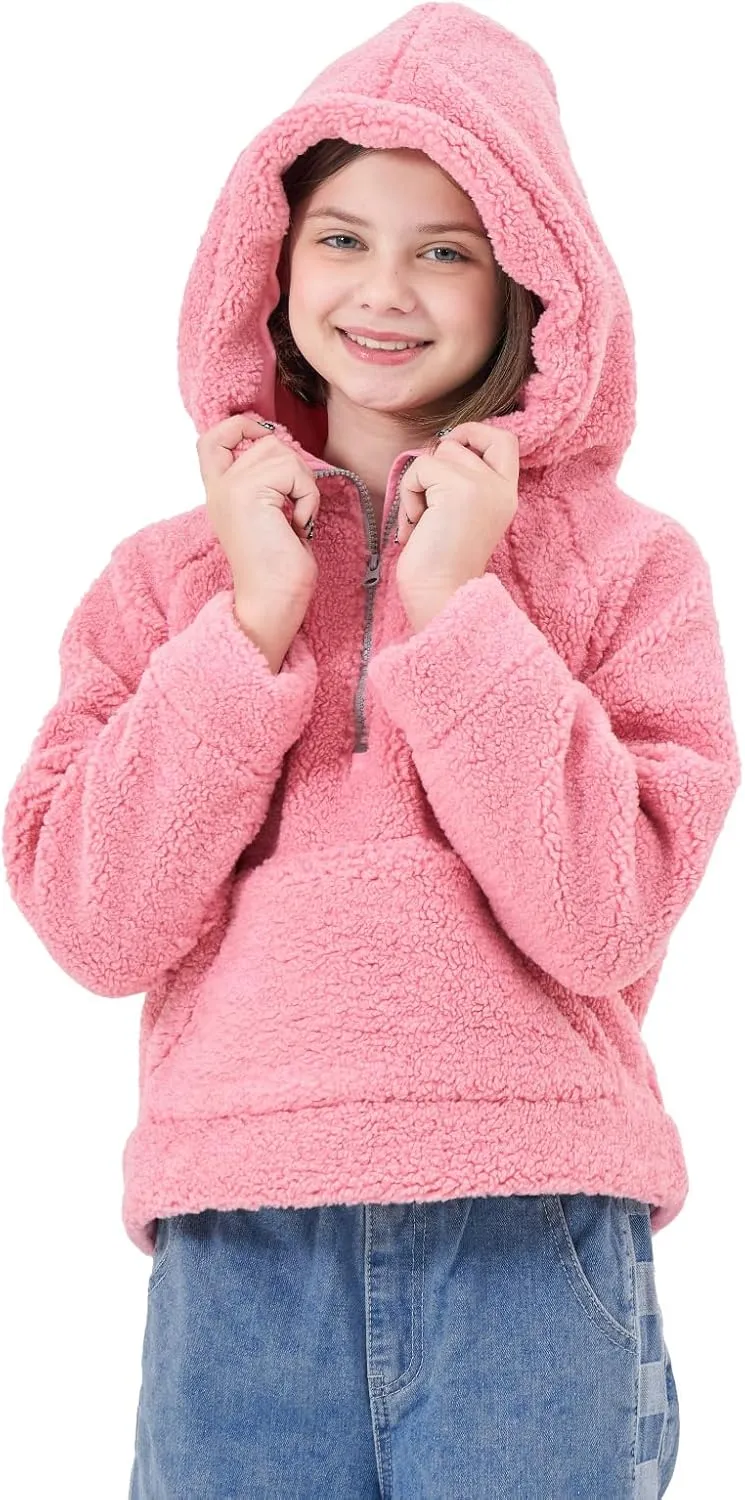 Rolanko Girls Sherpa Pullover Hoodie Half Zipper Fuzzy Hoodie Sweatshirt with Pockets Kids Fleece Tops 4-14 Years