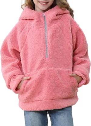 Rolanko Girls Sherpa Pullover Hoodie Half Zipper Fuzzy Hoodie Sweatshirt with Pockets Kids Fleece Tops 4-14 Years