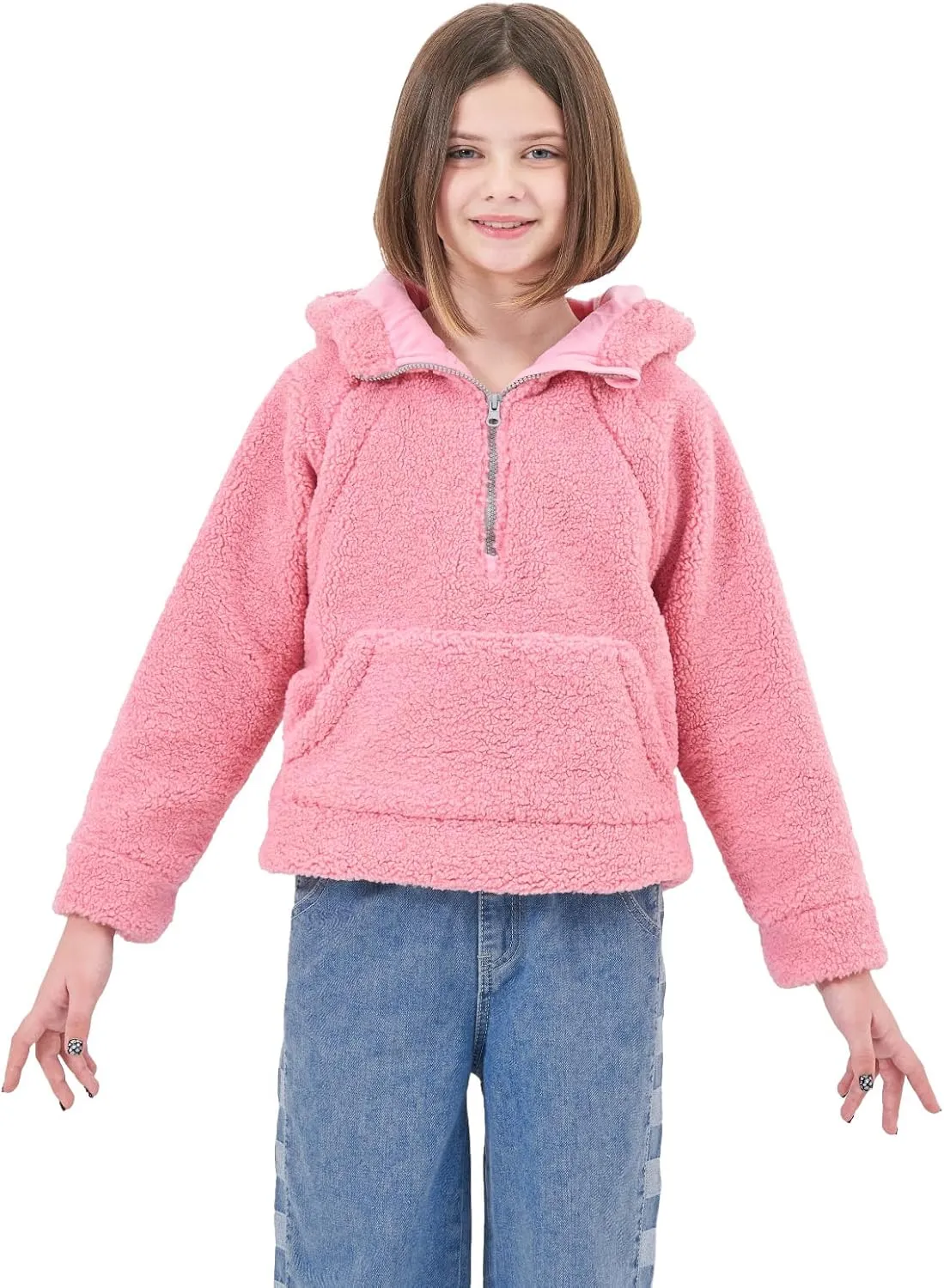 Rolanko Girls Sherpa Pullover Hoodie Half Zipper Fuzzy Hoodie Sweatshirt with Pockets Kids Fleece Tops 4-14 Years