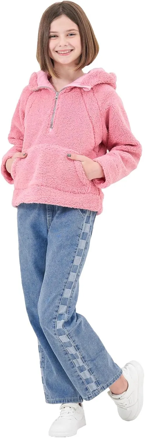 Rolanko Girls Sherpa Pullover Hoodie Half Zipper Fuzzy Hoodie Sweatshirt with Pockets Kids Fleece Tops 4-14 Years