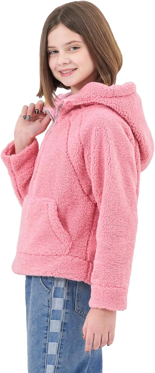 Rolanko Girls Sherpa Pullover Hoodie Half Zipper Fuzzy Hoodie Sweatshirt with Pockets Kids Fleece Tops 4-14 Years
