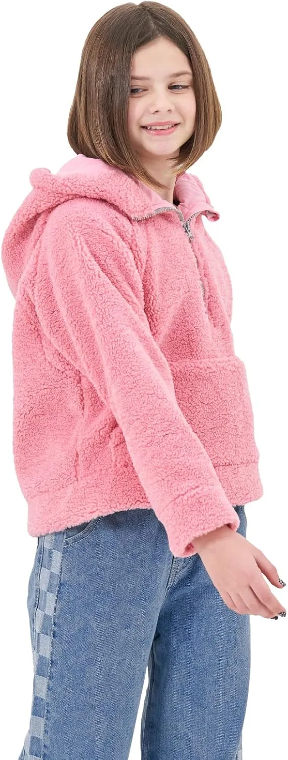 Rolanko Girls Sherpa Pullover Hoodie Half Zipper Fuzzy Hoodie Sweatshirt with Pockets Kids Fleece Tops 4-14 Years