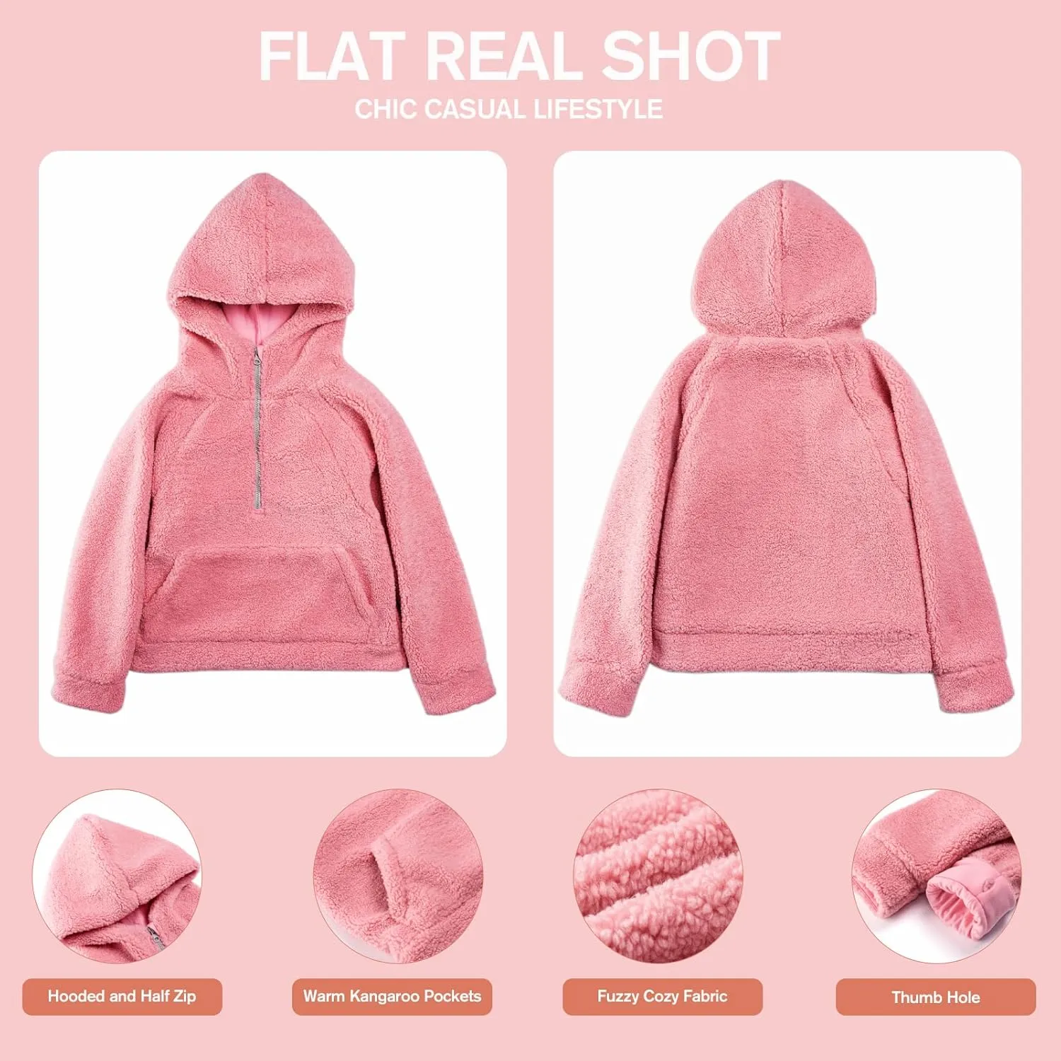 Rolanko Girls Sherpa Pullover Hoodie Half Zipper Fuzzy Hoodie Sweatshirt with Pockets Kids Fleece Tops 4-14 Years