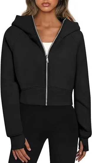 RONGTAI Women's Cropped Zip-Up Hoodie Fleece Lined Y2K Sweatshirt, Casual Short Winter Jacket, Comfy Fall Long Sleeve Top