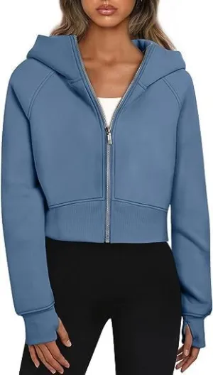 RONGTAI Women's Cropped Zip-Up Hoodie Fleece Lined Y2K Sweatshirt, Casual Short Winter Jacket, Comfy Fall Long Sleeve Top